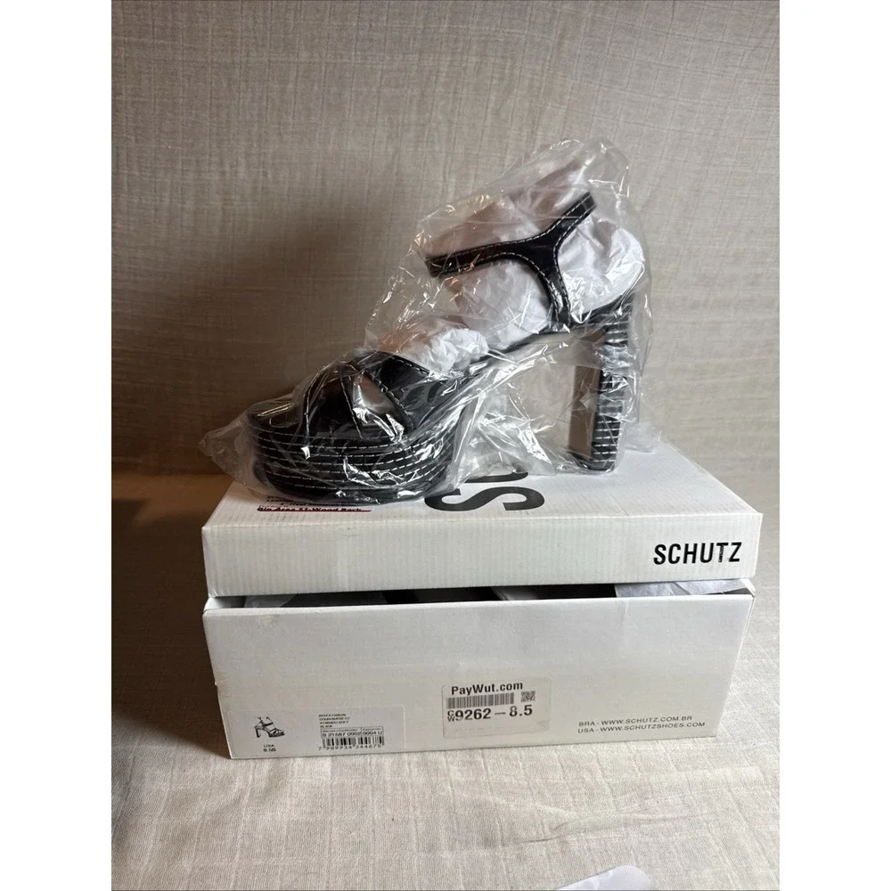SCHUTZ Black Leather Platform Ankle Strap Open Toe Sandal Heels Size 8.5